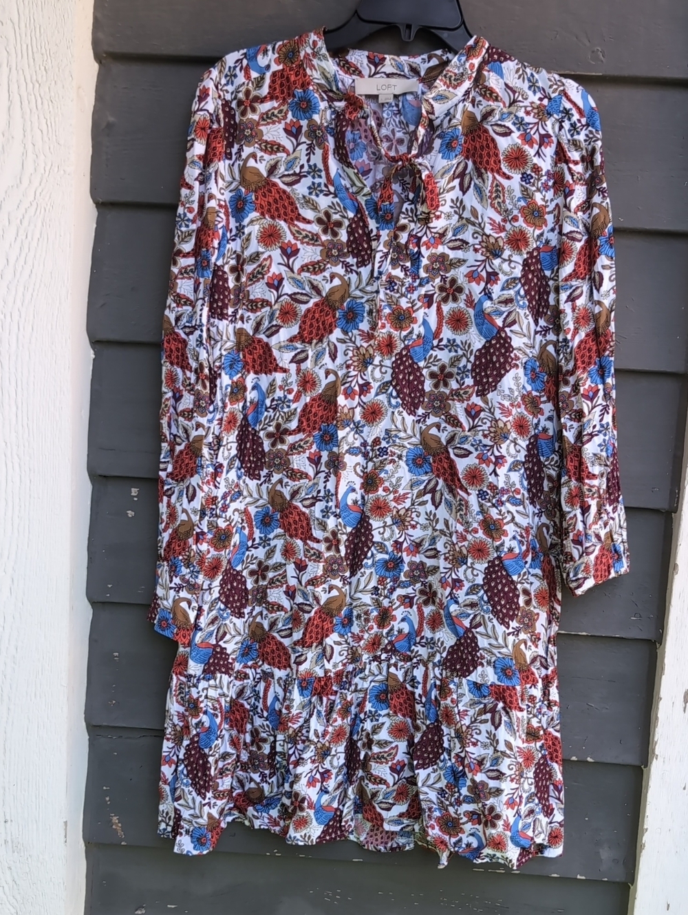 LOFT Floral Tiered Long Sleeve Dress in White Multi Size Large